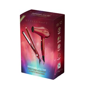 Red Stay-Temp Ionic Turbo Hair Dryer & 1" Flat Iron
