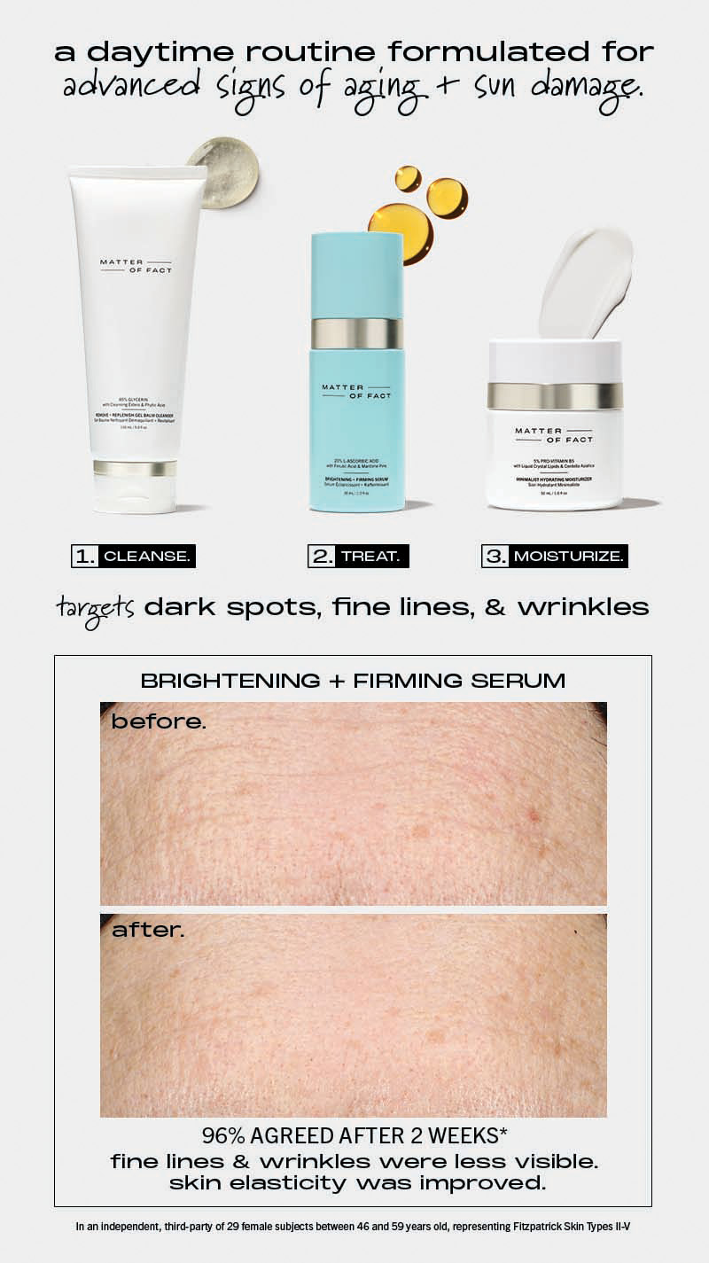 a daytime routine formulated for advanced signs of aging + sun damage. targets dark spots, fine lines, & wrinkles. Brigtening + Firming serum. 96% agreed after 2 wekk fine lines and wrinkles were less visible. skin elasticity was improved.