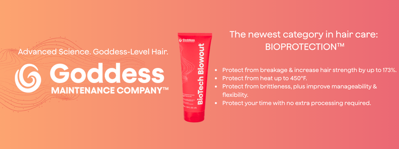 Advanced science. Goddess-level hair. Goddess maintenance company. The newest category in hair care: bioprotection. Protect from breakage and increase hair strength by up to 173%. Protect from heat up to 450 degrees fahrenheit. Protect from brittleness, plus improve manageability and flexibility. Protect your time with no extra processing required.