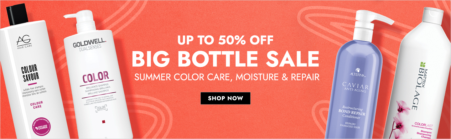 Big bottle sale up to 50% off! Summer color care, mosture and repair. Click here to shop now!