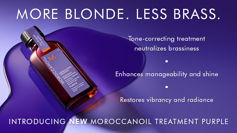 More blonde. Less brass. Tone-correcting treatment neutralizes brassiness, enhances manageablility and shine, and restores vibrancy and radiance. Introducing new Moroccanoil treatment purple.