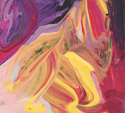 Image of a canvas swirled with purple, red, yellow, red, green, and black paint in a marbling pattern