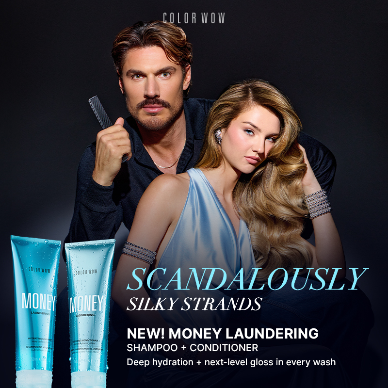 Color Wow Money Laundering Shampoo and Conditioner banner with Chris Appleton and a model showcasing scandalously silky strands