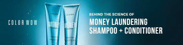 Color Wow Money Laundering Shampoo and Conditioner on a dark teal gradient with the headline: Behind the science of Money Laundering Shampoo + Conditioner.