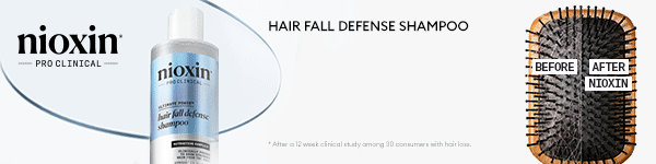 Nioxin Pro Clinical. Hair Fall Defense Shampoo. Visibly less hair fall in 12 weeks* (*after a 12 week clinical study among 30 consumers with hair loss)