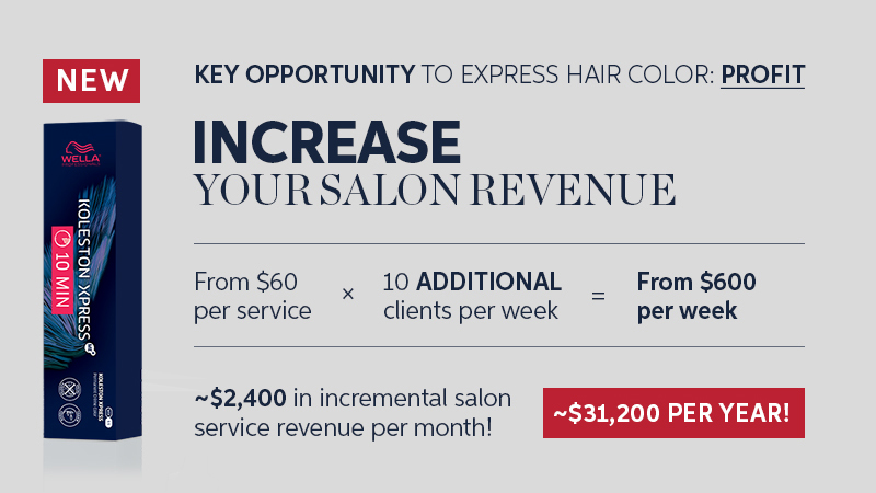 KEY OPPORTUNITY TO EXPRESS HAIR COLOR: PROFIT. INCREASE YOUR SALON REVENUE. From $60 per service times 10 additional clents per week equals From $600 per week. ~$2,400 in incremental salon service revenue per month! ~$31,000 per year!
